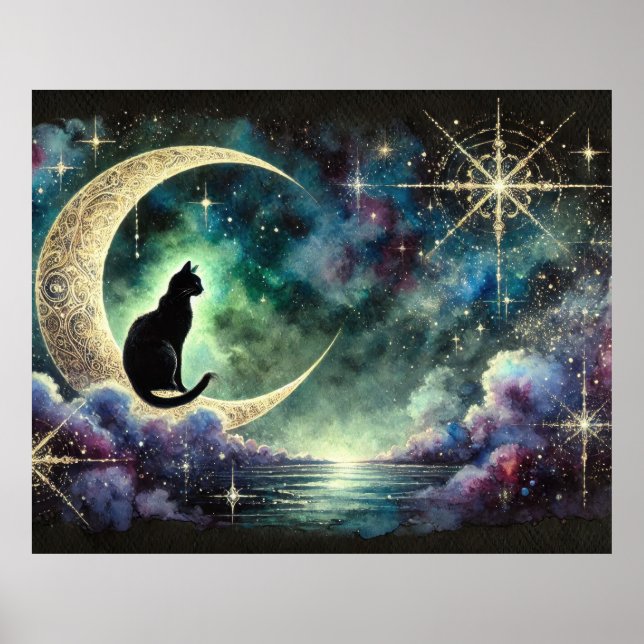 Poster Gato Preto na Lua Crescente com Céu Noturno Estrel (Frente)