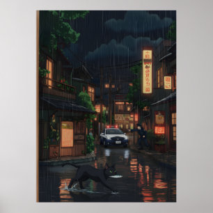 Poster Gato Preto na Rua Japonesa Neon Chuvosa Arte de An