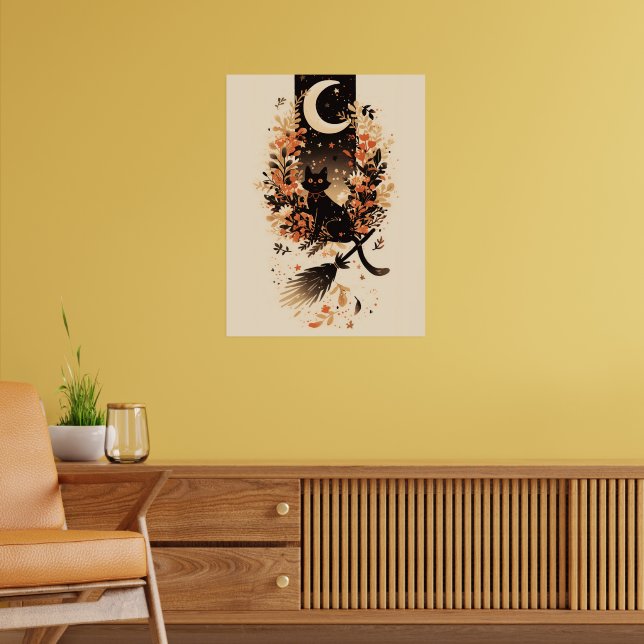 Poster Gato Preto na Vassoura de Bruxa Sob a Lua (Sala de Estar 2)