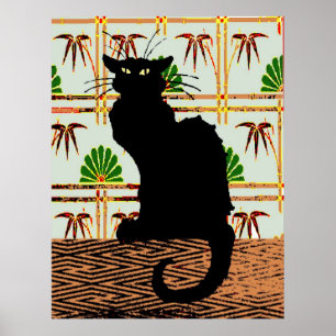 Póster Gato preto no papel de parede japonês