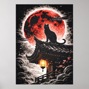 Poster Gato Preto no Telhado da Pagode, Lua Vermelha - Ar