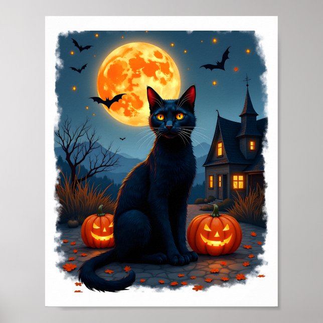 Poster Gato Preto Noite Estrelada Van Gogh Abóboras Morce (Frente)