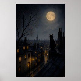 Poster Gato Preto num Telhado Acima de uma Cidade Adormec