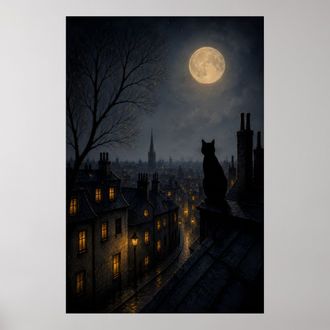 Poster Gato Preto num Telhado Acima de uma Cidade Adormec (Frente)