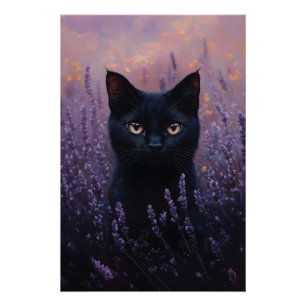 Póster Gato Preto numa Ilustração de Campo de Lavanda