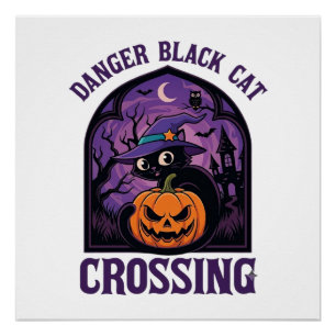 Póster Gato Preto Perigoso Cruzando Abóbora de Halloween 