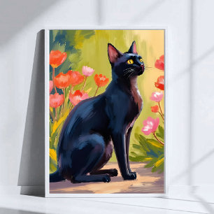 Poster Gato Preto   Pintura de Flores em Aquarela de Gati