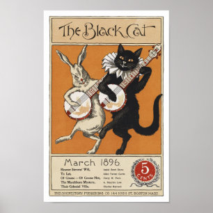 Poster Gato preto que joga o banjo, artista desconhecido