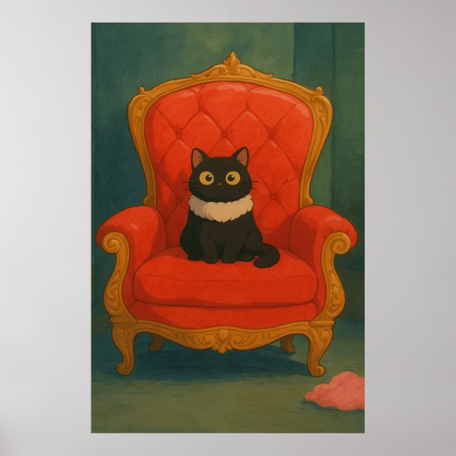 Poster Gato Preto Real no Trono Vermelho (Frente)