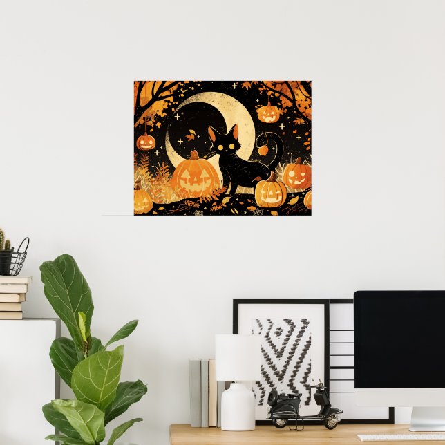 Poster Gato Preto Retro com Abóboras de Halloween (Escritório em casa)