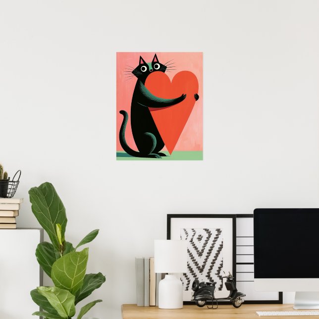 Poster Gato Preto Retro de Meados do Século Abraçando Cor (Escritório em casa)