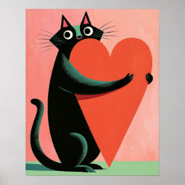Poster Gato Preto Retro de Meados do Século Abraçando Cor