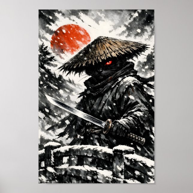 Poster Gato Preto Samurai Ronin Katana Sol de Inverno Sum (Frente)