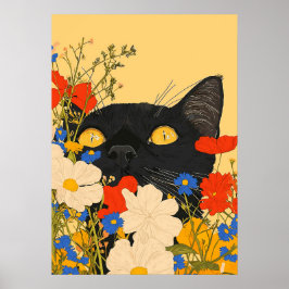 Poster Gato Preto se Escondendo Entre Flores