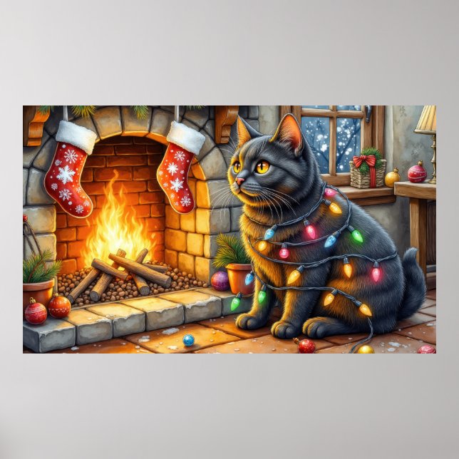 Poster Gato Preto Sentado na Lareira com Luzes de Natal (Frente)