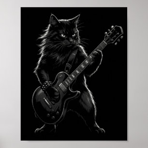 Poster Gato Preto Tocando Violão Elétrico Rocker Gótico
