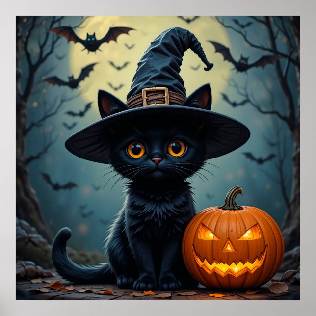 Poster Gato Preto Usando Chapéu de Bruxa Halloween (Frente)