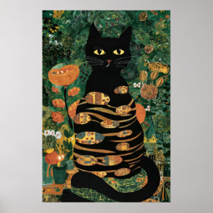 Poster Gato Preto Vintage de Gustav Klimt em um Jardim de