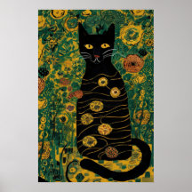Gato Preto Vintage de Gustav Klimt em um Jardim de
