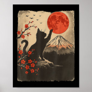 Poster Gato Preto Vintage Retro Japão Arte Tema Japonês