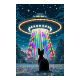 Póster Gato Psicodélico e OVNI   Arte Engraçada De Abduçã