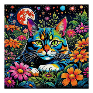 Póster Gato psicodélico entre flores