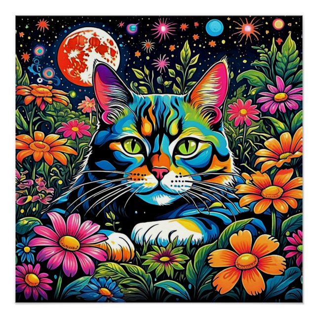 Póster Gato psicodélico entre flores (Frente)
