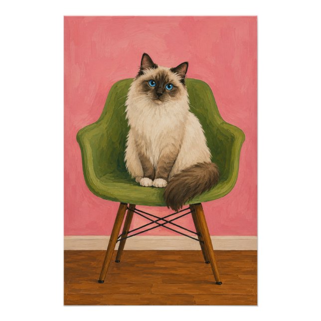 Póster Gato Ragdoll Cadeira Verde Meados do Século (Frente)