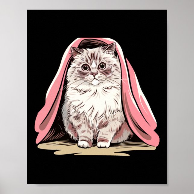 Poster Gato Ragdoll Debaixo de um Cobertor Rosa Adesivo  (Frente)