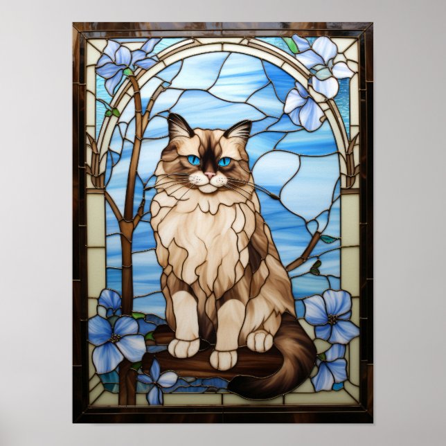 Poster Gato Ragdoll Janela de Vidro Pintado com Flores Az (Frente)