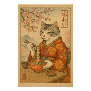 Póster Gato Ramen – Gato ao Estilo Japonês Apreciando Mac
