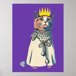 Poster Gato Real em Coroa e Manto Gráfico Pop Art Vintage