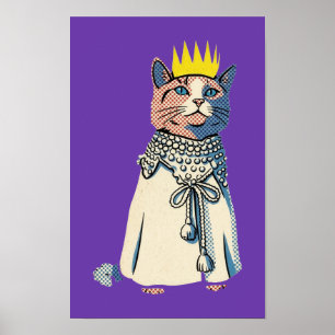 Poster Gato Real em Coroa e Manto Gráfico Pop Art Vintage