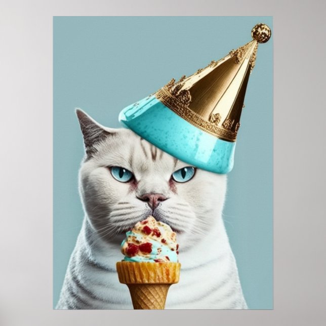 Poster Gato Rei Sorvete Azul com Arte de Parede de Cone D (Frente)