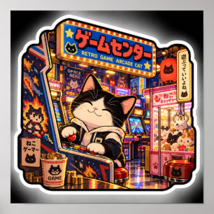 Poster Gato Retro Arcade Colorido Noite de Jogos Japonesa