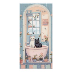 Póster Gato Retro Bonito e Gatinho no Banho