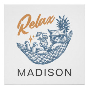 Póster Gato Retro Vintage Relaxando na Rede Cocktail Tend