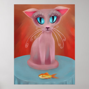 Poster Gato Rosa com um Peixe Dourado em um Cartão de Mes
