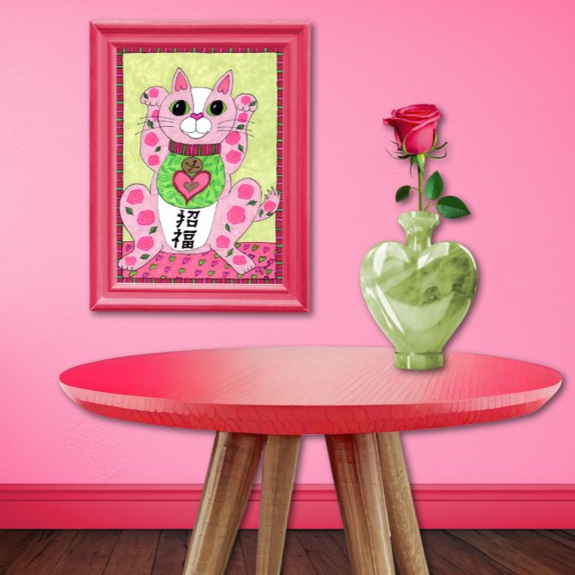 Póster Gato Rosa Japonês de Arte Folclórica Maneki Neko (Criador carregado)