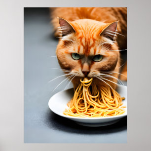 Poster Gato Ruivo Comendo Espaguete