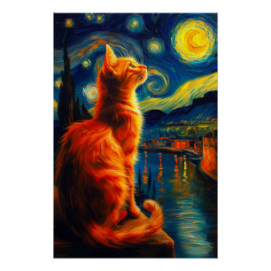 Póster Gato Ruivo Contemplativo Céu Noturno Estrelado