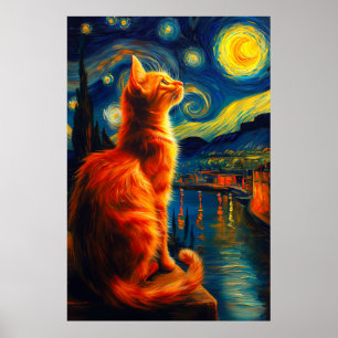 Poster Gato Ruivo Contemplativo Céu Noturno Estrelado