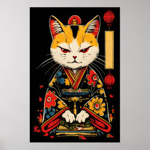 Poster Gato Samurai Arte Impresso – Guerreiro Kimono Japo