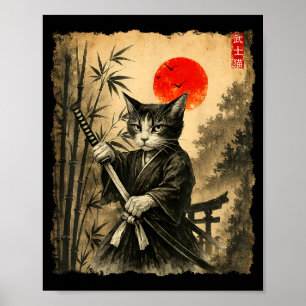 Poster Gato Samurai Arte Japonês Homens Meninos Camiseta