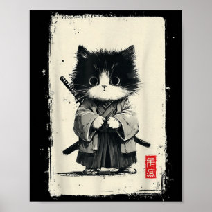 Poster Gato Samurai Arte Japonesa Sumi-e Novidade Kawaii