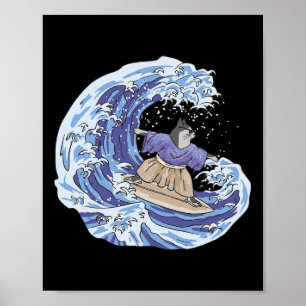 Poster Gato Samurai Japão Surfando Pranchas de Surf Vinta