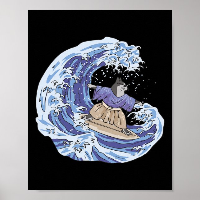 Poster Gato Samurai Japão Surfando Pranchas de Surf Vinta (Frente)