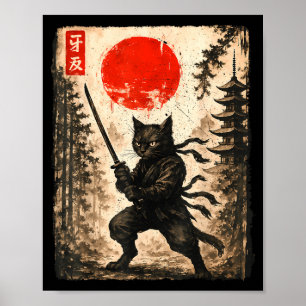Poster Gato Samurai Japonês Gráfico Anime Masculino