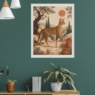 Poster Gato Savannah Arte Mediterrâneo Boho Oliva