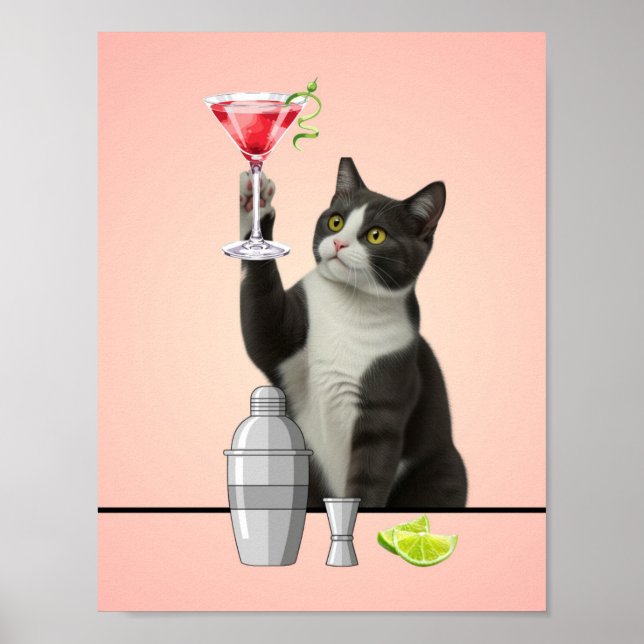 Poster Gato segurando Martini Rosa Arte de Fundo Rosa (Frente)